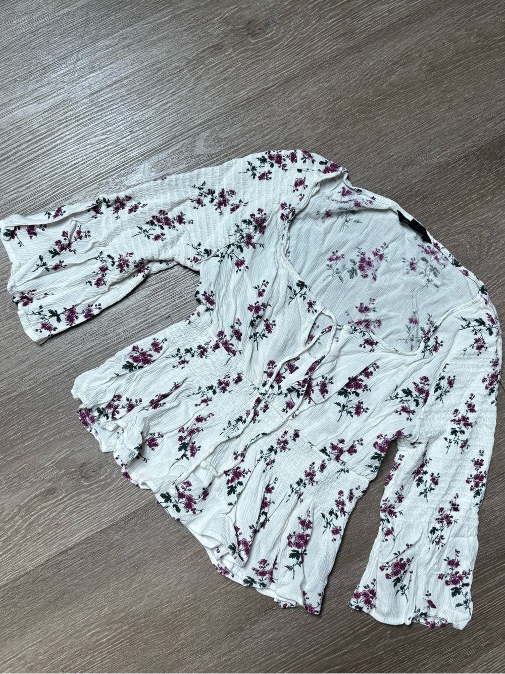 American Eagle Outfitters White Blouse with Purple Floral Print